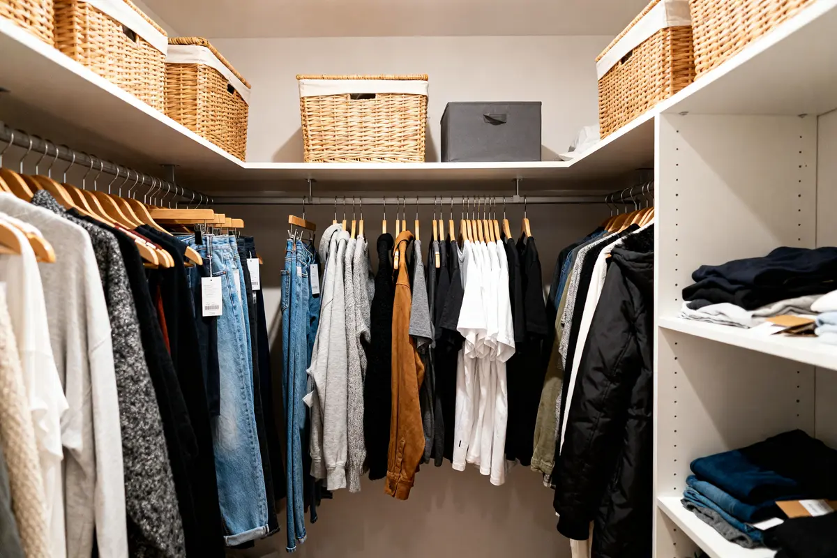 Vêtements soigneusement organisés dans un dressing en U avec paniers en osier sur étagères