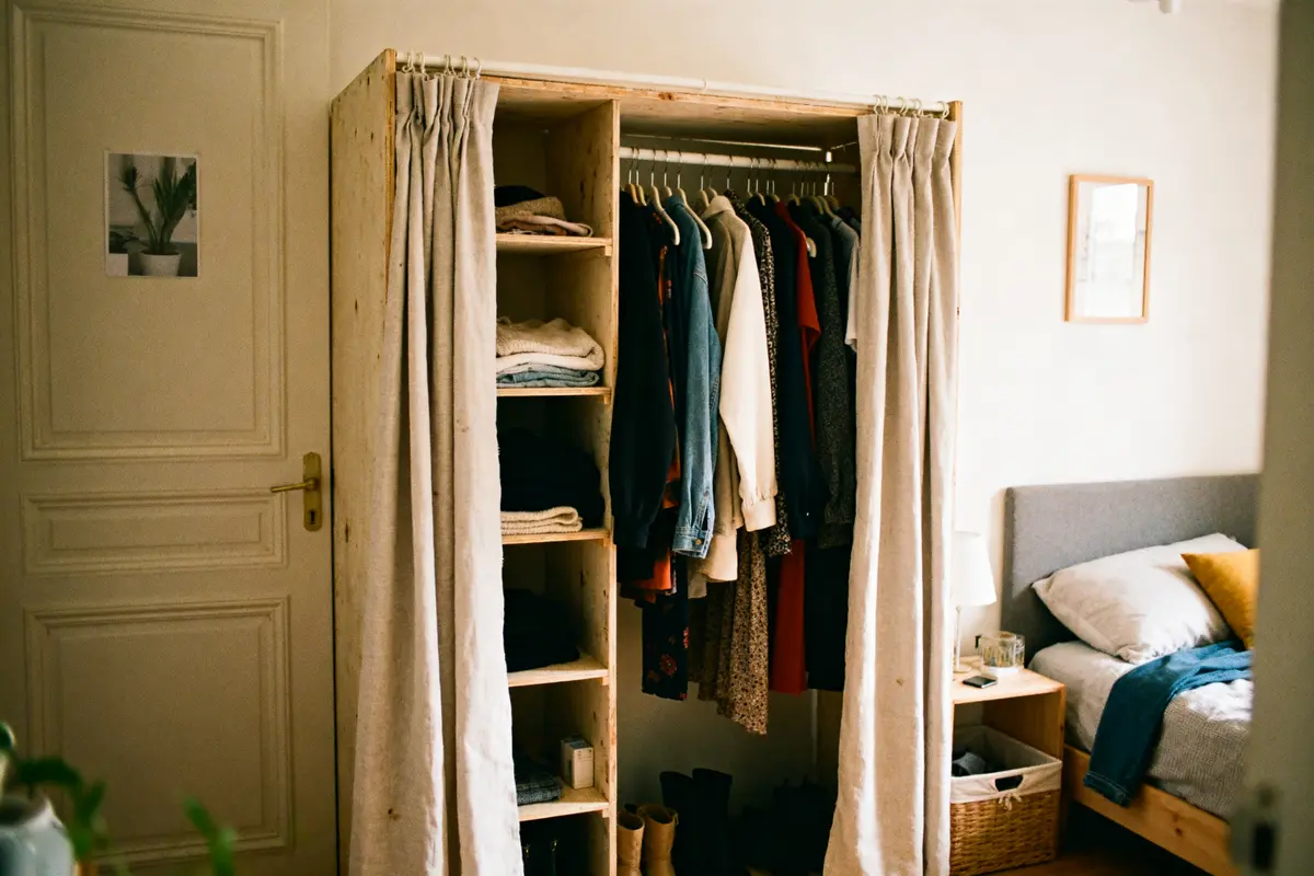 Dressing fait maison avec rideau : astuces déco pas cher !