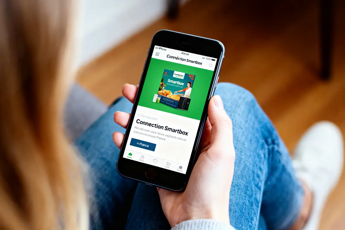 Personne tenant un smartphone affichant l'application "Connection Smartbox" avec une image de repas pré-préparé.