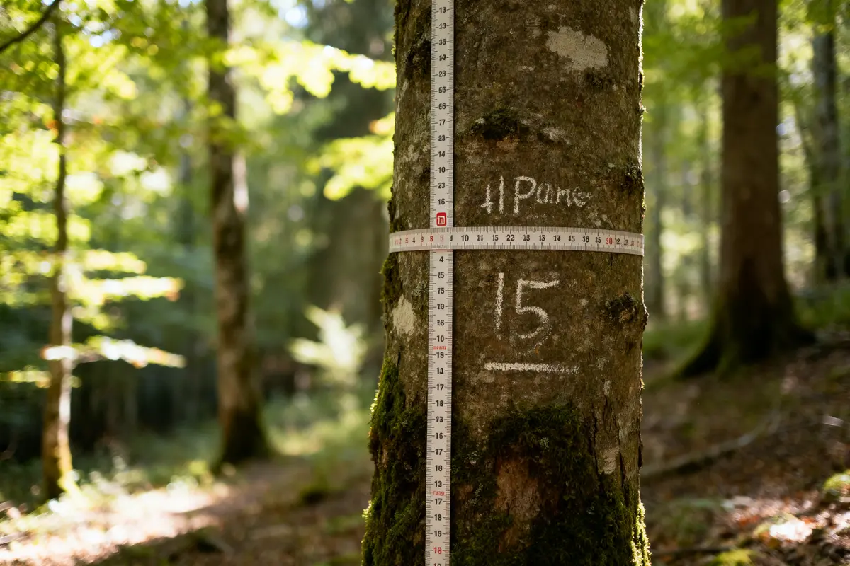 Arbre mesuré avec ruban à mesurer, inscriptions "11 Parme" et "15", en forêt lumineuse.