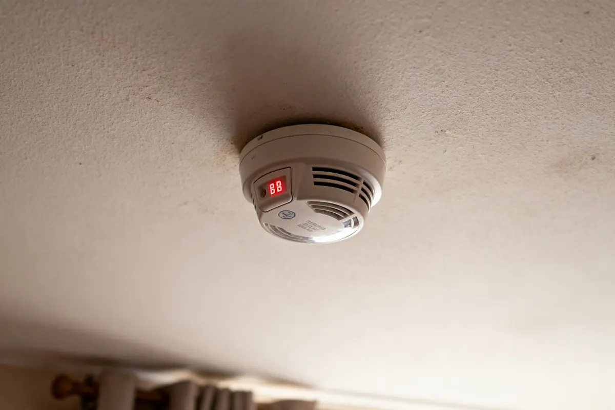 Détecteur de fumée au plafond avec affichage numérique rouge allumé.