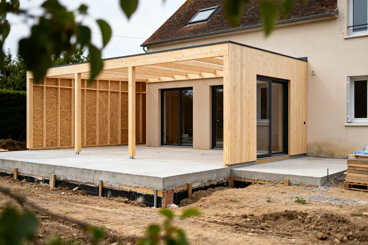 Extension maison en bois en construction attachée à une habitation existante sans toiture achevée