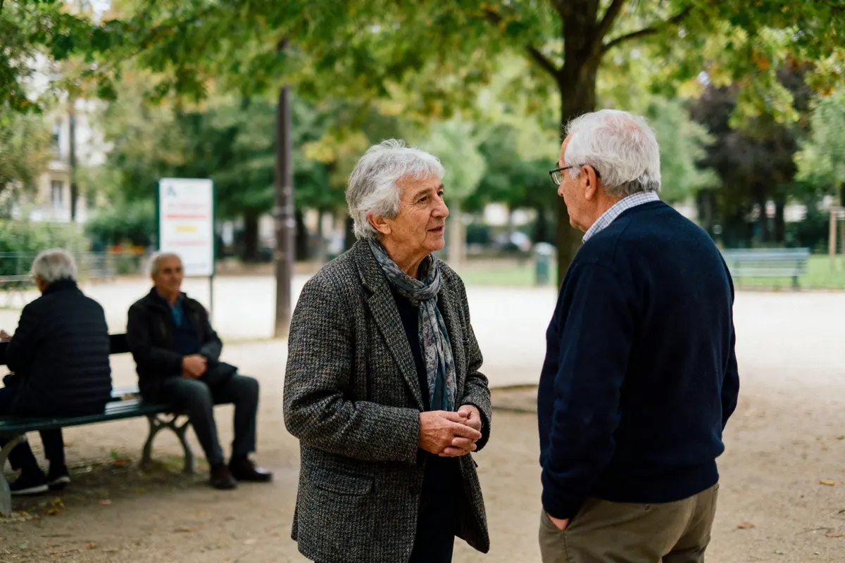 Deux hommes âgés discutant dans un parc avec arbres, bancs en arrière-plan, autres personnes assises.