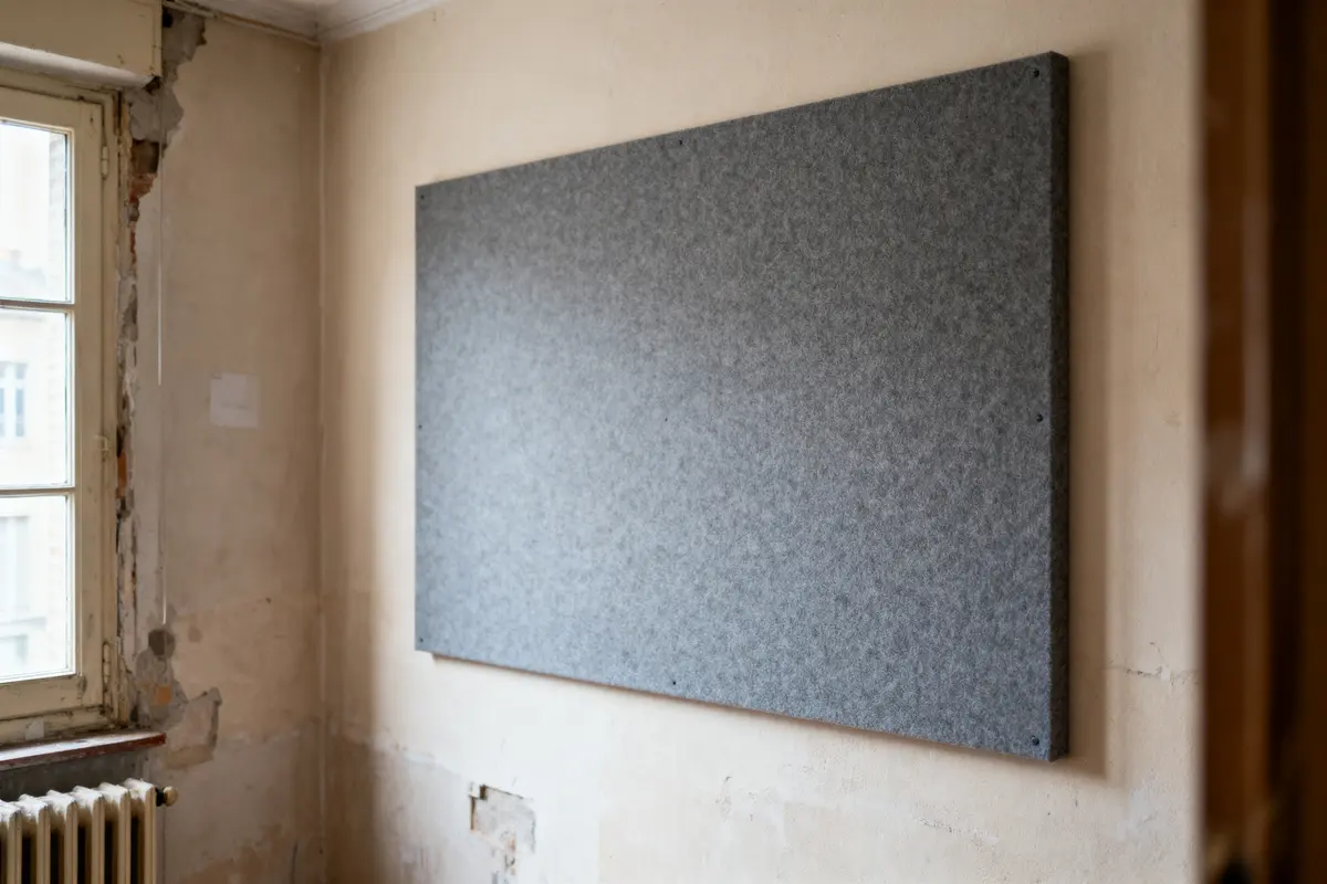 Mur intérieur avec panneau gris acoustique, fenêtre et radiateur, ambiance usée.