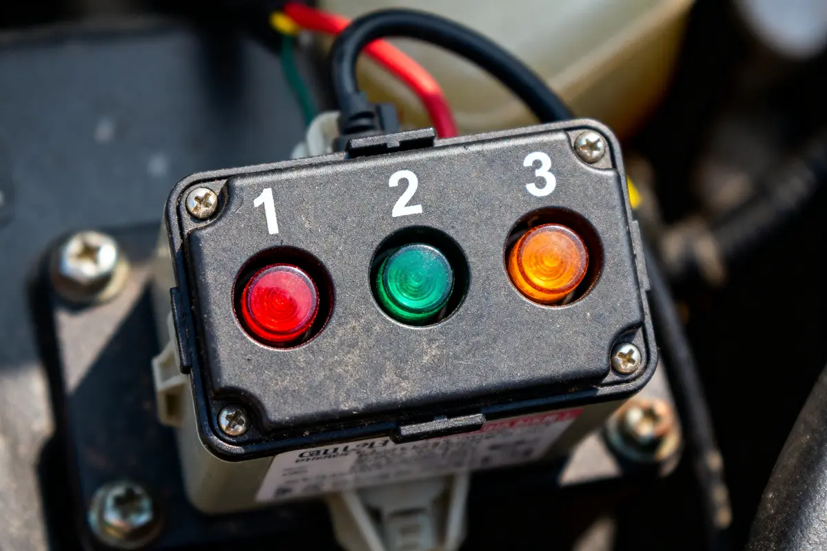 Boîtier avec trois voyants numérotés : rouge, vert, orange, câbles colorés connectés à l'arrière.