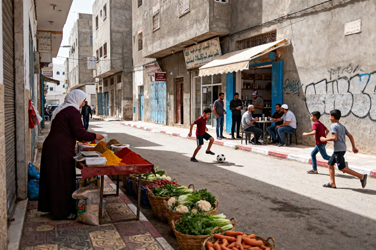 Rue animée avec enfants jouant au football, marchand de légumes, café et passants.