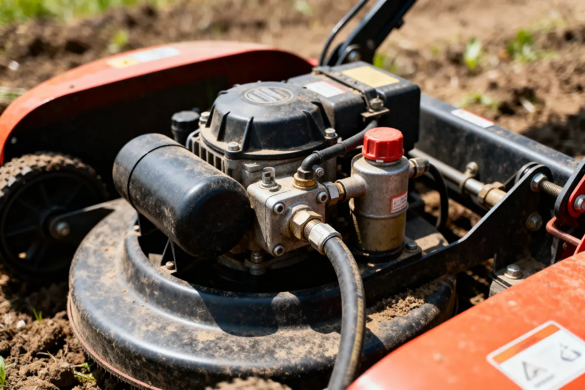 Gros plan sur le moteur d'une tondeuse à gazon rouge, au milieu de la terre.