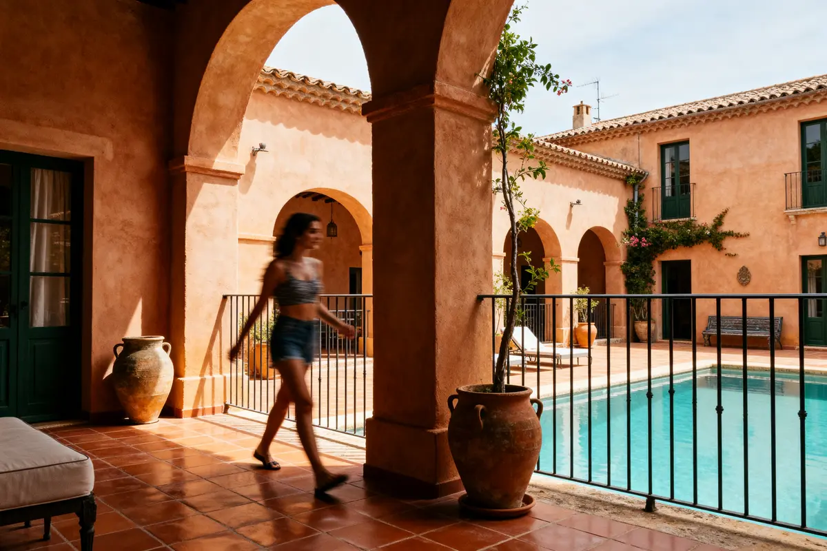 Cour intérieure ensoleillée avec piscine dans une maison de style hacienda élégante et accueillante