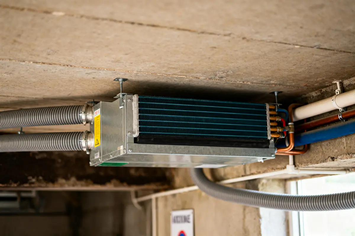 Système de ventilation au plafond illustrant le schéma d'une VMC double flux en détail
